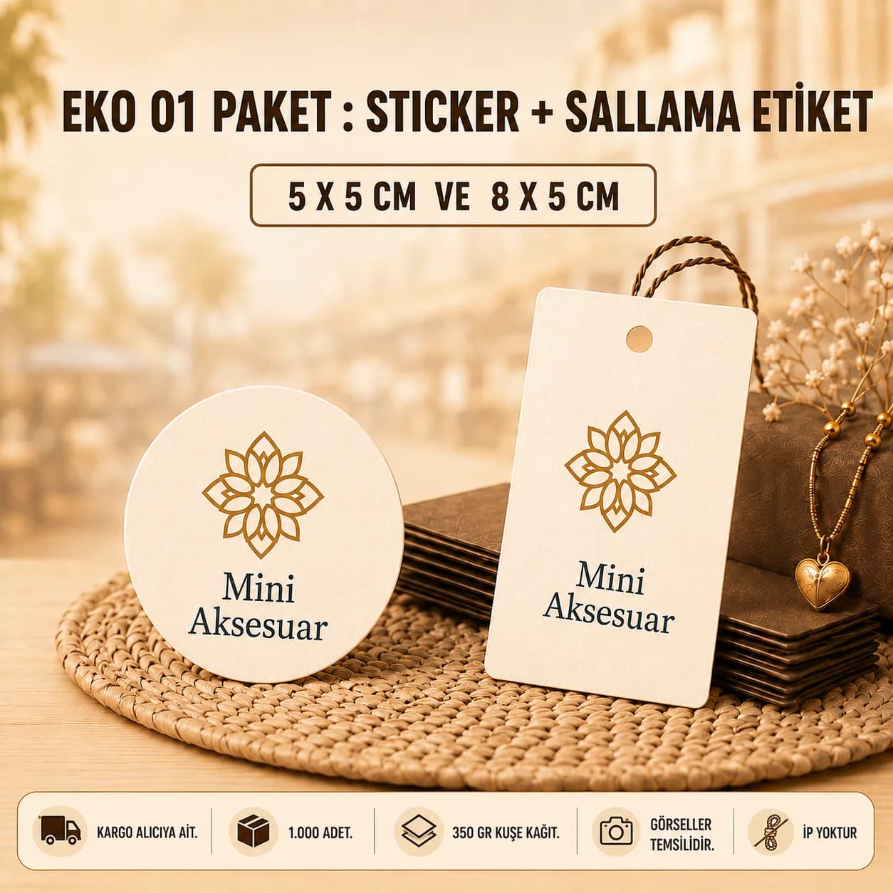 Basan Adam EKO 01 kampanya paketi: 5x5 cm sticker ve 8x5 cm sallama etiket, 350 gr kuşe kağıt, KDV dahil 1.560 TL, 28 Eylül 2026'ya kadar geçerli.