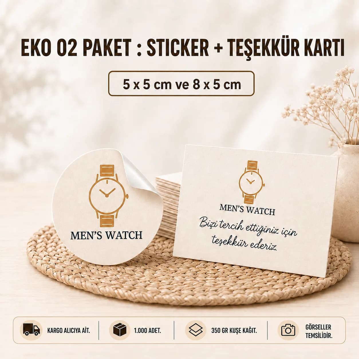Basan Adam EKO 02 kampanya paketi: 5x5 cm sticker ve 8x5 cm teşekkür kartı, 350 gr kuşe kağıt, KDV dahil 1.560 TL, 28 Eylül 2026'ya kadar geçerli.