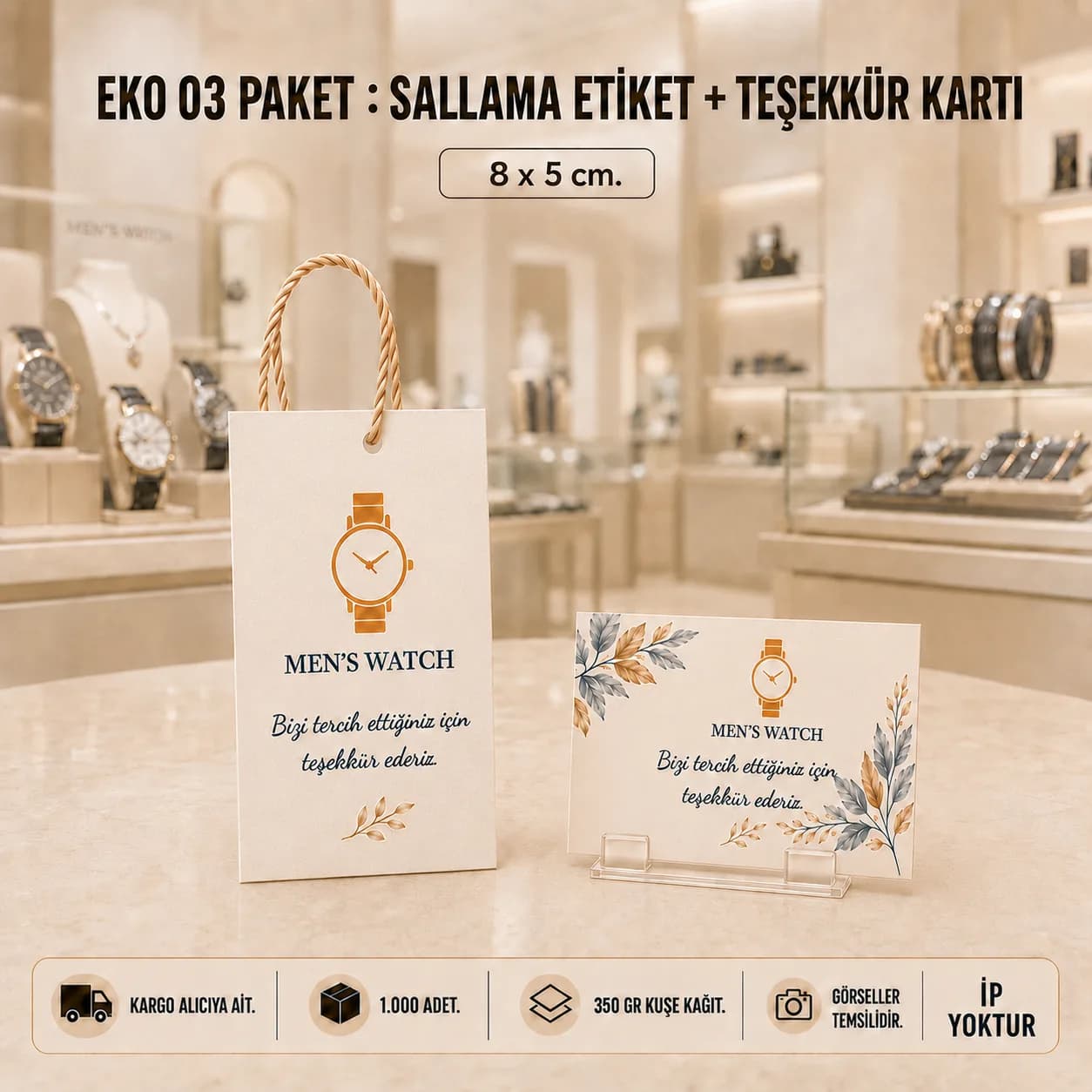 Basan Adam EKO 03 kampanya paketi: 8x5 cm sallama etiket ve teşekkür kartı, 350 gr kuşe kağıt, 1.000 adet, KDV dahil 1.428 TL, 28 Eylül 2026'ya kadar geçerli.