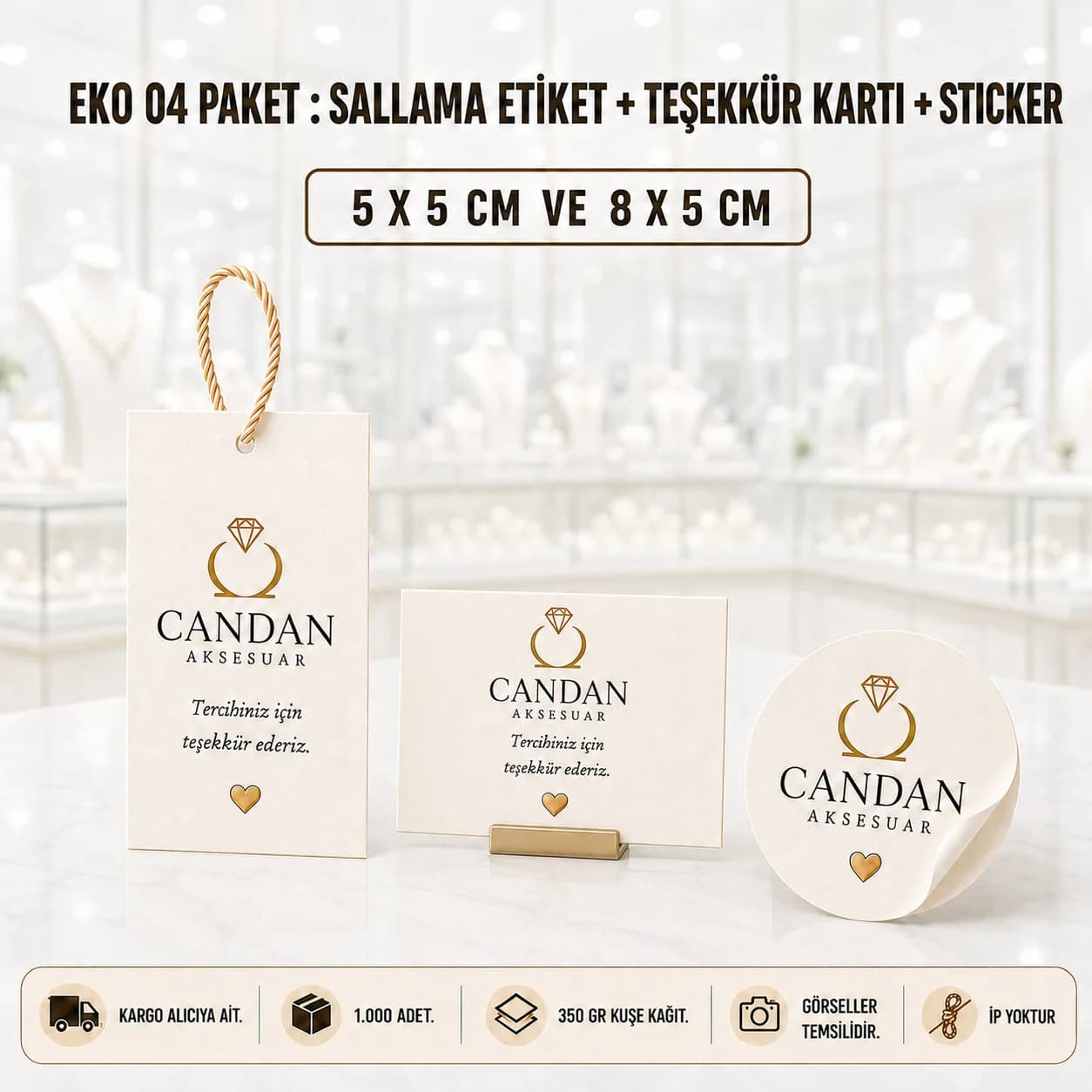 Basan Adam EKO 04 kampanya paketi: sallama etiket, teşekkür kartı ve sticker üçlüsü, 350 gr kuşe kağıt, 1.000 adet, KDV dahil 2.304 TL, 28 Eylül 2026'ya kadar geçerli.