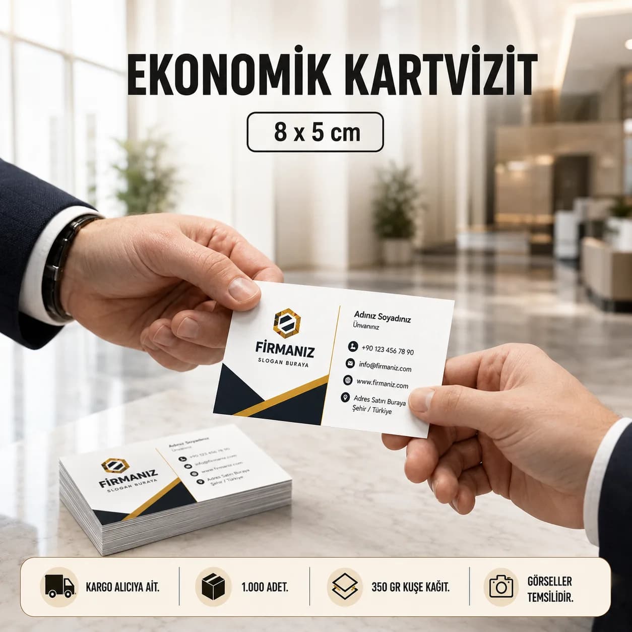 Basan Adam ekonomik kartvizit kampanyası: 8x5 cm, 350 gr kuşe kağıt, 1.000 adet, KDV dahil 744 TL, 28 Eylül 2026'ya kadar geçerli.