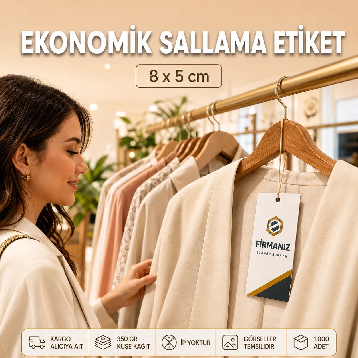 Basan Adam ekonomik sallama etiket kampanyası: 8x5 cm, 350 gr kuşe kağıt, 1.000 adet, KDV dahil 744 TL, 28 Eylül 2026'ya kadar geçerli.