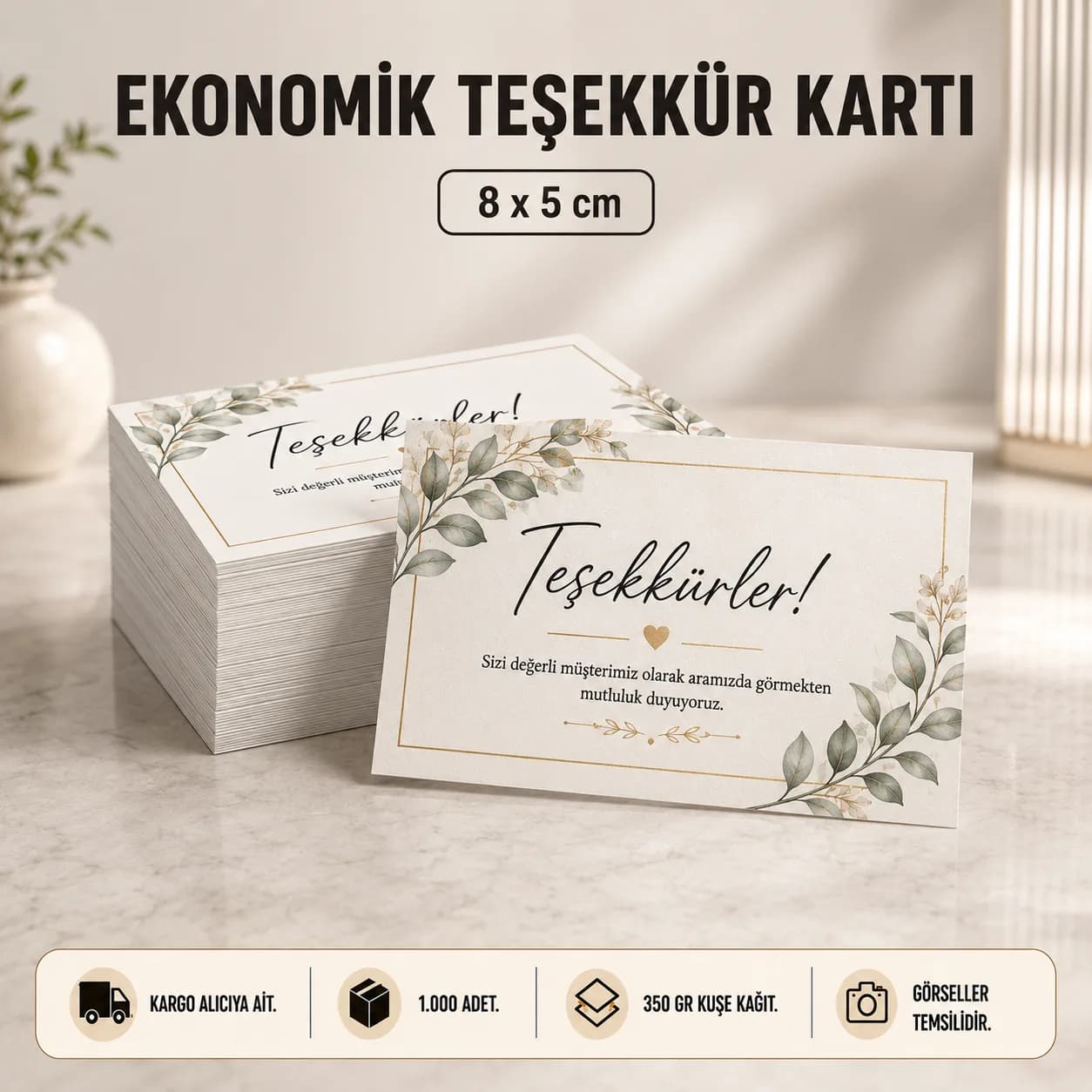 Basan Adam ekonomik teşekkür kartı kampanyası: 8x5 cm, 350 gr kuşe kağıt, 1.000 adet, KDV dahil 744 TL, 28 Eylül 2026'ya kadar geçerli.