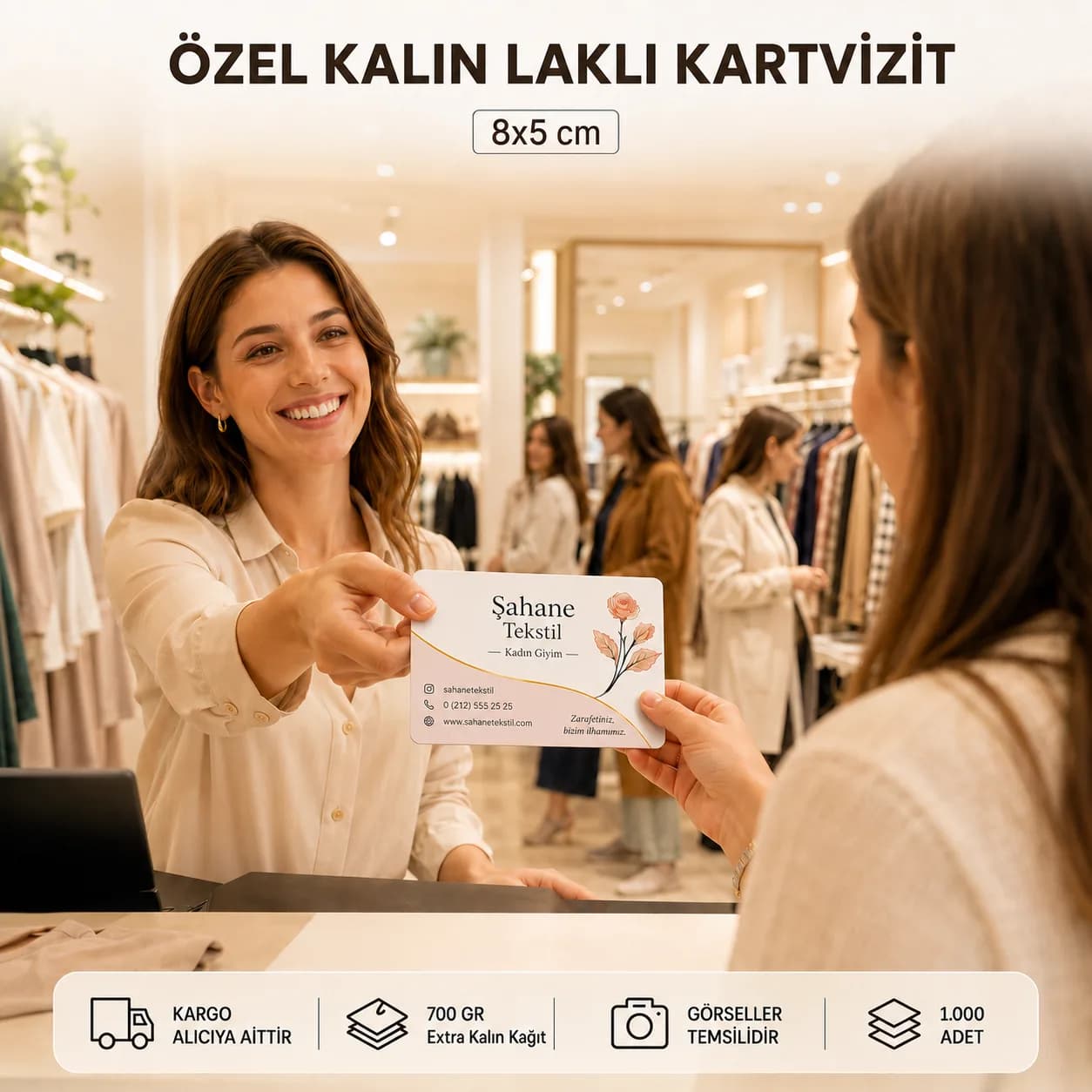 Basan Adam özel kalın laklı kartvizit kampanyası: 8x5 cm, 700 gr extra özel kalın sıvamalı kağıt, 1.000 adet, KDV dahil 1.356 TL, 28 Eylül 2026'ya kadar geçerli.