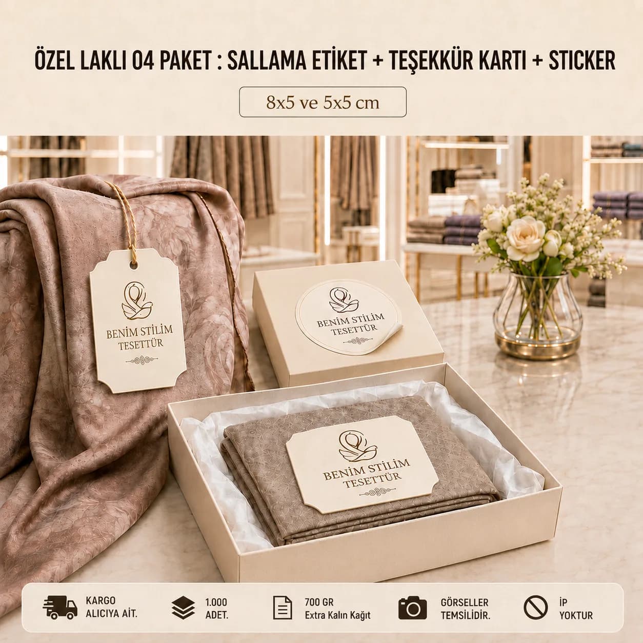 Basan Adam özel laklı 04 paket kampanyası: 1.000 adet sallama etiket, teşekkür kartı ve sticker, 700 gr extra kalın kağıt, KDV dahil 3.588 TL.