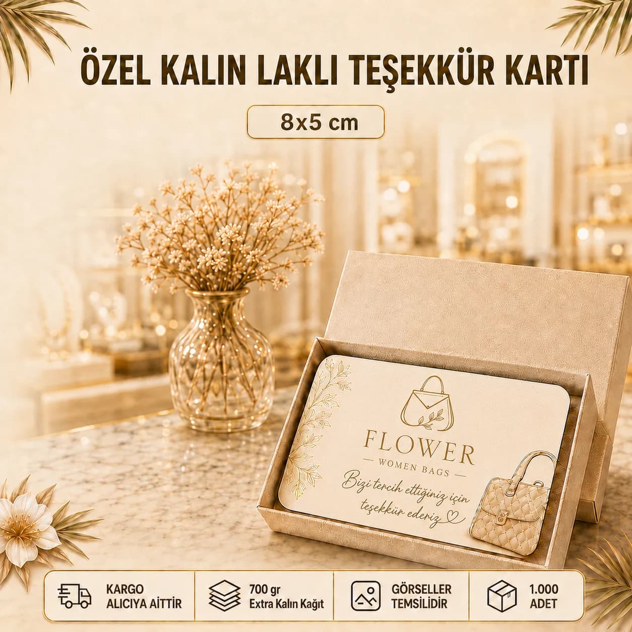 Basan Adam özel kalın laklı teşekkür kartı kampanyası: 1.000 adet, 8x5 cm, 700 gr extra kalın sıvamalı kağıt, KDV dahil 1.356 TL.