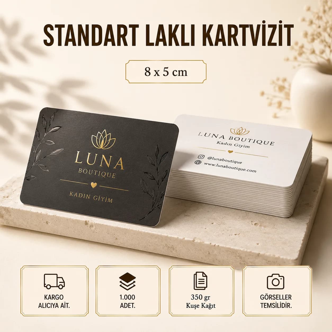 Basan Adam standart laklı kartvizit kampanyası: 1.000 adet, 8x5 cm, 350 gr kuşe kağıt, 2.200 TL + KDV yerine KDV dahil 1.002 TL.