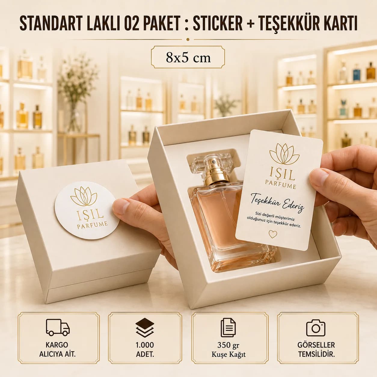 Basan Adam standart laklı 02 paket kampanyası: 1.000 adet sticker ve teşekkür kartı (8x5 ve 5x5 cm), 350 gr kuşe kağıt, KDV dahil 1.818 TL.