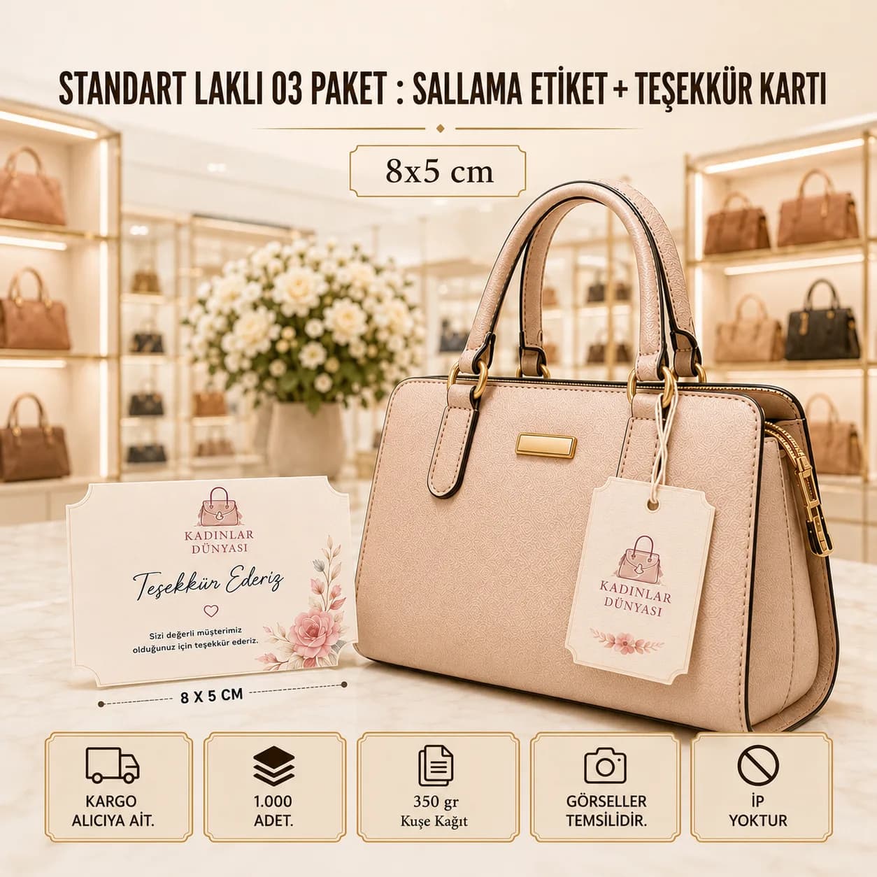 Basan Adam standart laklı 03 paket kampanyası: 1.000 adet sallama etiket ve teşekkür kartı, 8x5 cm, 350 gr kuşe kağıt, KDV dahil 1.884 TL.
