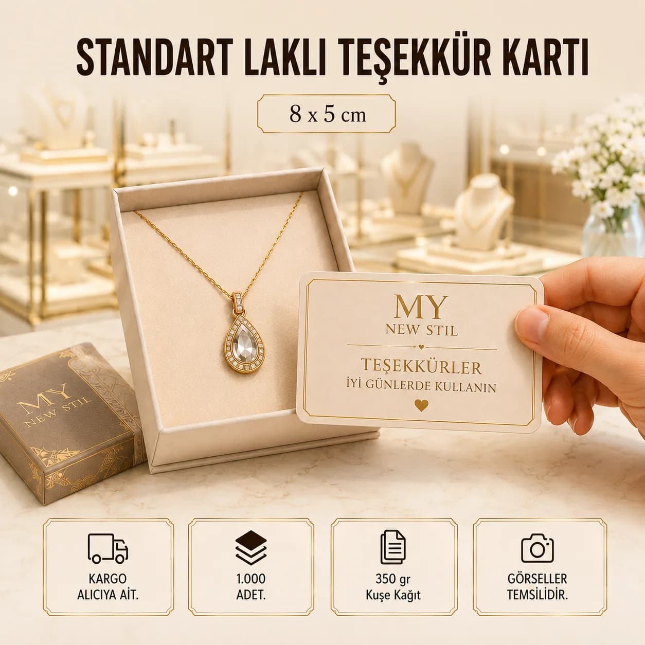Basan Adam standart laklı teşekkür kartı kampanyası: 1.000 adet, 8x5 cm, 350 gr kuşe kağıt, 2.200 TL + KDV yerine KDV dahil 1.002 TL.