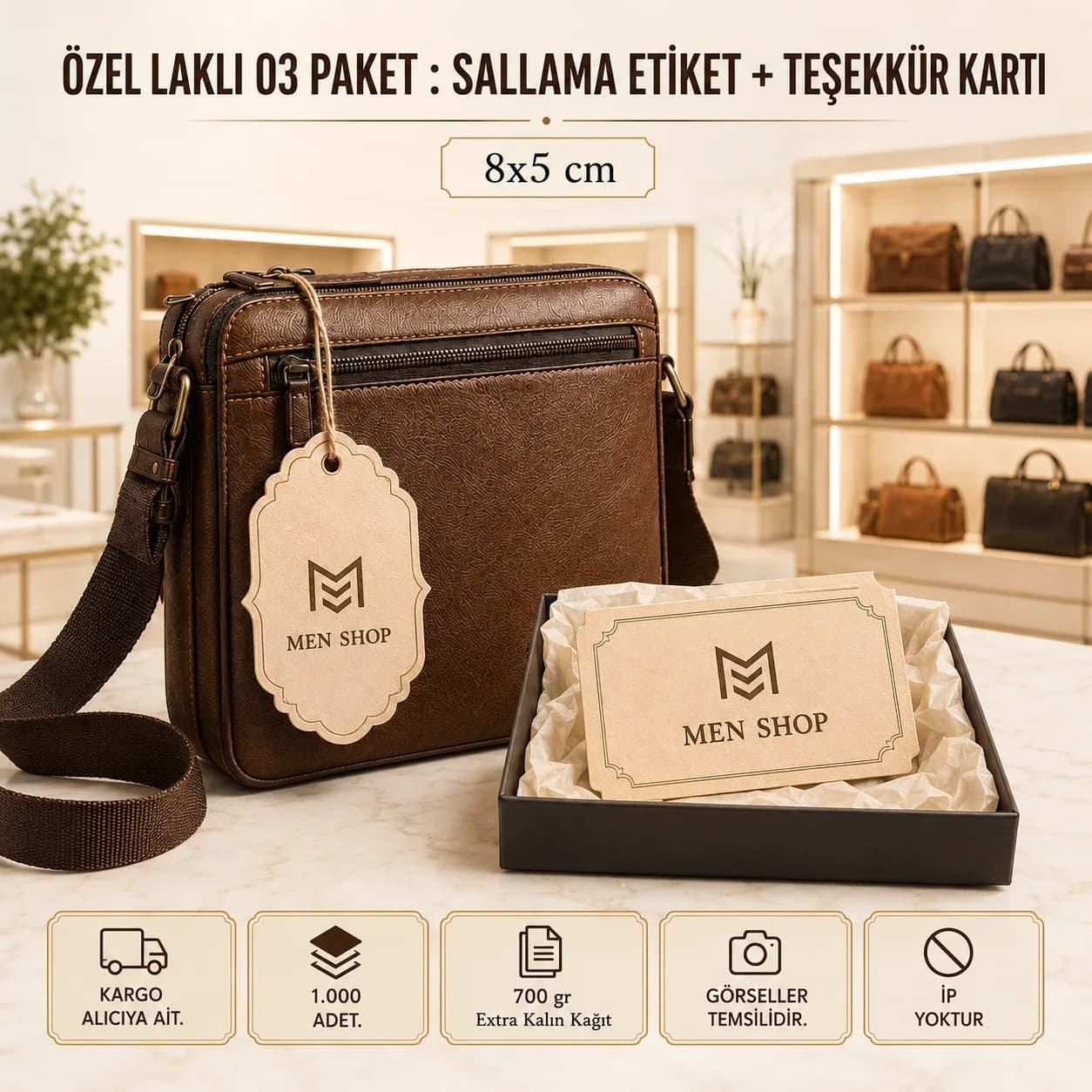 Basan Adam özel laklı 03 paket kampanyası: 1.000 adet sallama etiket ve teşekkür kartı, 700 gr extra kalın kağıt, KDV dahil 2.712 TL.